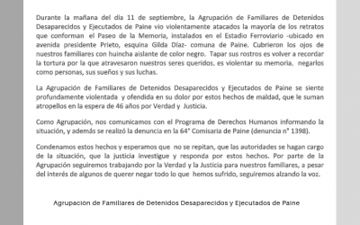 Memorial Paine se suma a la denuncia de la Agrupación de Familiares de Detenidos Desaparecidos y Ejecutados de Paine sobre lo ocurrido en el Paseo de la Memoria